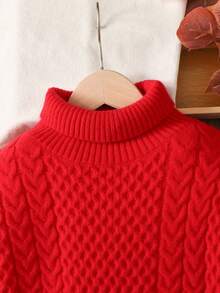 SHEIN 圣诞节新款少女红色高领针织毛衣裙，宽松休闲甜美可爱时尚百搭秋冬女童服装 - 紅色 - 查看 3