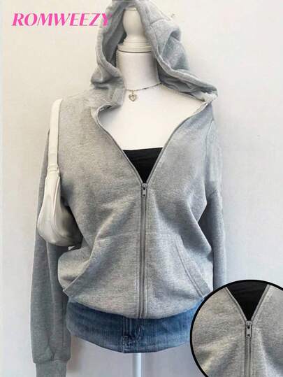 معطف بسحاب مزود بقبعة للبنات في فصل الخريف/الشتاء - بطراز الملابس الشارعية، قماش محبوك دافئ مناسب للخريف/الشتاء، تصميم مقاس أكبر قليلاً للنمو، طراز حيوي للحرم الجامعي والشارع!