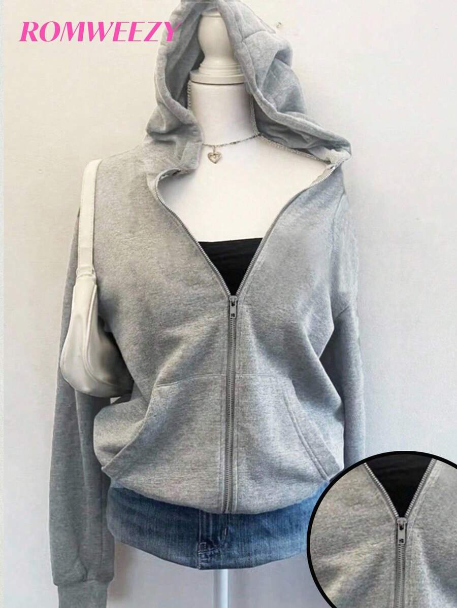 秋冬女童连帽拉链夹克 - 街头风格,适合秋冬的温暖针织面料,略微宽松的版型适合成长,充满活力的校园和街头风格! - 灰色 - 查看 1