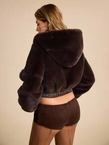 ROMWE EDITION Hippie Western Style Soft Hooded Short Faux Fur Jacket For Women - Coffee Brown - View 4