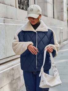 SHEIN Padded Jacket With Fur Collar And Patchwork, Two Pockets At Front, Snap Buttons, Quilting Details - Navy Blue - View 7