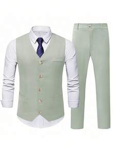 Calvornis Men's Solid Color V-Neck Vest And Pants Casual Suit Set - Green - View 4