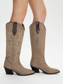 Styleloop 女士时尚舒适西部靴，适合万圣节、圣诞节、派对、秋季音乐节、女牛仔风格 - 米色 - 查看 3