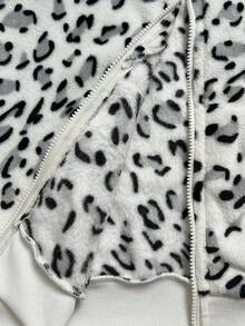 Elamini 1 件黑白休闲可爱撞色法兰绒保暖内衬印花豹纹心形拉链柔软运动衫夹克女款，开学季 - 黑與白 - 查看 9