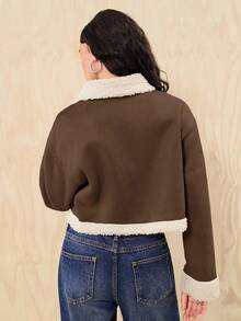 Easelle 春季泰迪绒内衬拉链卡其色机车夹克，秋冬款，Y2K棕色夹克，时尚女装，90年代风格 - 棕色 - 查看 7