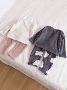 Genkimix Kids 4 件套女孩云朵和心形图案休闲舒适羊毛睡衣套装，粉色 - 彩色 - 查看 2