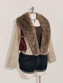 SHEIN ICON Plus Size Faux Fur Collar Jacket In Apricot, Warm Daily Wear For Autumn/Winter - Khaki - View 4