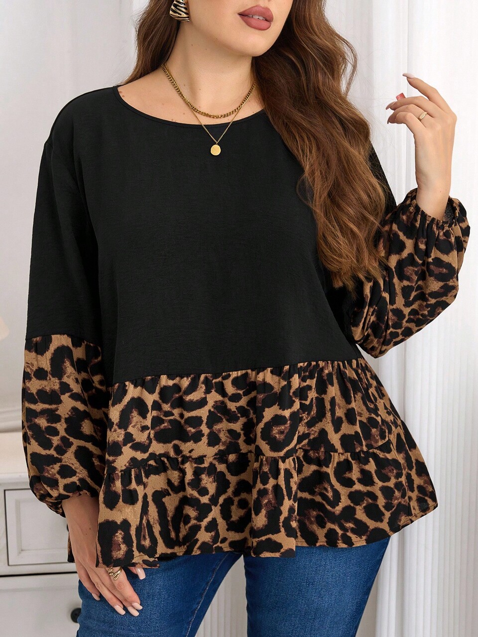 Leopard Print Patchwork Casual 90s Sexy Decent Loose Long Sleeve Round Neck Plus Size Women's Shirt Brunch Formal Office Black Autumn