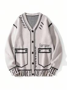 Chillumni 男士休闲字母图案前扣开衫，秋冬 - 杏色 - 查看 1