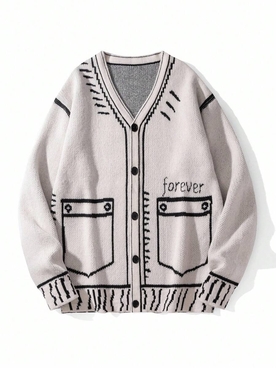 Chillumni 男士休闲字母图案前扣开衫，秋冬 - 杏色 - 查看 1