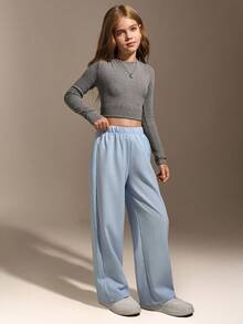 Hanevo Tween Girl 1pc Textured Fabric White Casual Comfortable Long Pants, Summer New Arrival - Mint Blue - View 5
