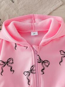 Sparklyn Girls' Casual Everyday Sports Pink Bow Print Long Sleeve Hooded Zip-Up Jumpsuit, Comfortable Waist-Cinched Minimalist Chic Girl Romper For Spring Autumn 90s Kids Outfit Cherry Outfit Pink Girl Outfit Pop Star Outfit Kids - Pink - View 8