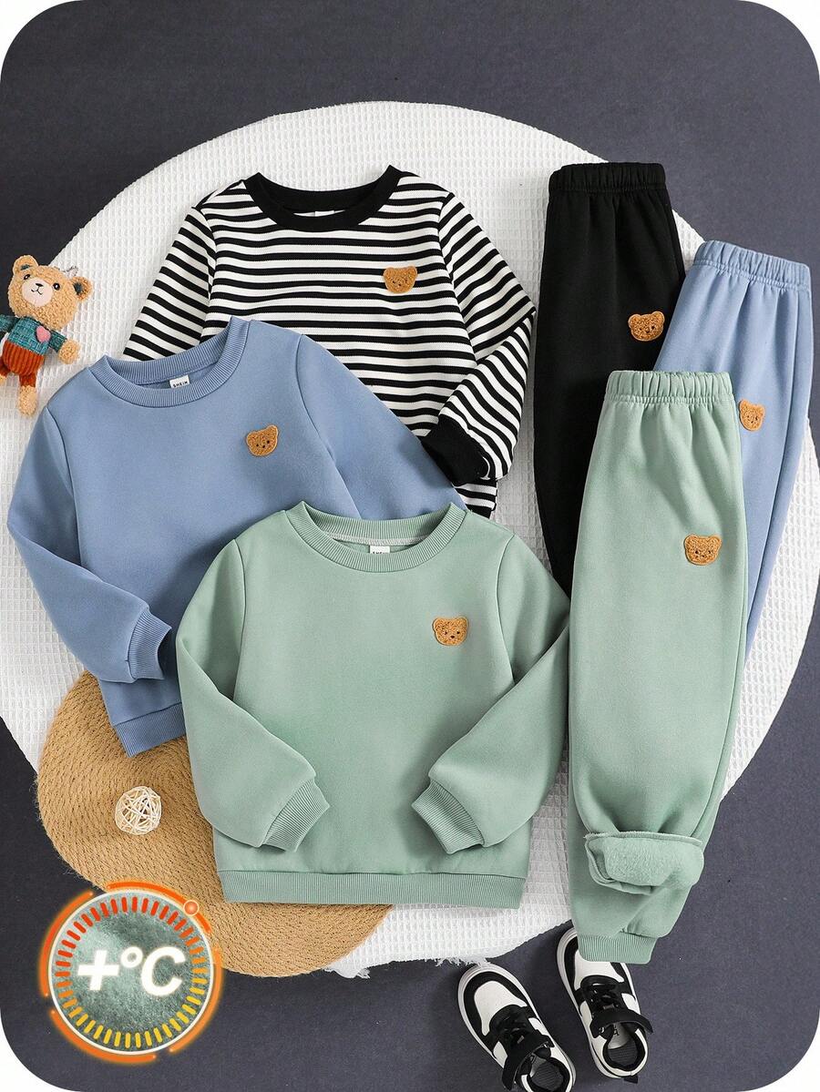 SHEIN 6件套男童休闲舒适百搭可爱圆领卫衣和运动裤套装，加厚保暖内衬运动服，返校季服装 - 彩色 - 查看 1