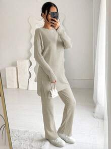 EURMUSE 2pcs Women Side Slit Top And Pants Set - Beige - View 7