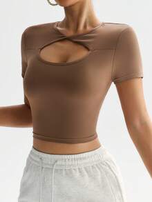 Slayform Slayform Camiseta deportiva de ajuste ceñido con abertura delantera retorcida y hueca de unicolor minimalista para mujer, de verano - Marrón - Ver 4