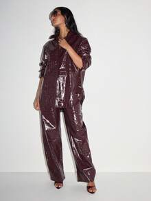 KIZN Áo sơ mi da bóng họa tiết cá sấu cỡ lớn tay dài thời trang thu đông, áo khoác cài nút dự tiệc - Màu Đỏ Sâu - Xem 6