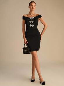 Enchnt Romantic Black Off-Shoulder Mini Dress With Rhinestone Bow Embellishments Is Perfect For Autumn And Winter. Stylish And Elegant, It's Suitable For Parties, Dates, Holidays, Graduations, Outings, Halloween, Christmas, And Other Occasions. (Autumn Women's Wear, Autumn Outfits, Autumn Suits, Carnival, New Year Women's Wear) - Black - View 5
