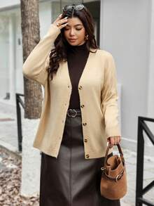 Vionelle Áo len cardigan dệt kim tay dài màu trơn cổ chữ V cỡ lớn cho nữ Áo len cardigan cài nút màu vàng Áo len cardigan nữ Áo len cardigan cổ chữ V Áo len cardigan màu vàng cho nữ Áo len màu vàng - Màu be - Xem 5