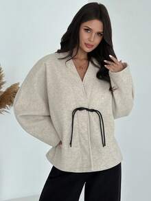 Firerie 女士优雅简约通勤日常新款时尚V领撞色纽扣蝙蝠袖卡其色大衣，秋冬女装，女士冬季外套，女士冬季夹克 - 卡其色 - 查看 5