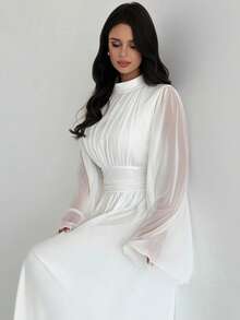 Firerie Women's Elegant Romantic Elegant Daily Commute Beach Vacation Stand Collar Pleated High Waist A-Line Flare Sleeve White Long Dress - White - View 6