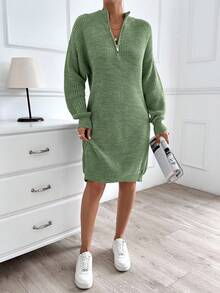 EURMUSE Women Plain Knit Design Knit Dress With Zipper Detail,Petite - Olive Green - View 7