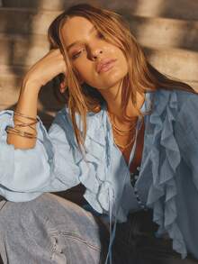 Aralina 冬季长袖荷叶边前开襟长款波西米亚风开衫连衣裙 - 淺藍色 - 查看 3