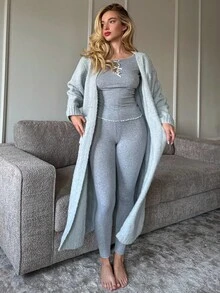 DAZY 女士宽松长款针织睡袍，简约设计，冬季睡衣，舒适保暖 - 淺灰色 - 查看 7