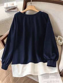 Lacomfia 女式宽松珍珠装饰圆领长袖休闲日常运动衫，加大码