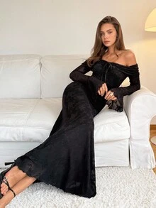 SHEIN Tall Women Off Shoulder Long Sleeve Front Tie Bodycon Dress,Black,Autumn,Elegant,Dinner Date New Year Party Formal Black Corset Lace Maxi Long Dress, Tall Women - Black - View 1