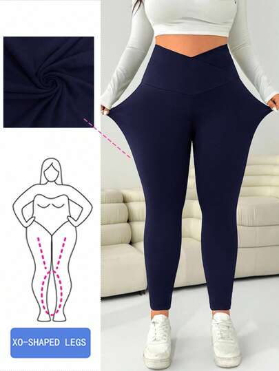Solflare Leggings casuales de talla grande para mujer con cintura asimétrica en azul marino