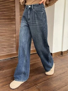 DAZY 女士复古水洗直筒牛仔裤，高腰显瘦保暖水洗牛仔裤，秋冬保暖款