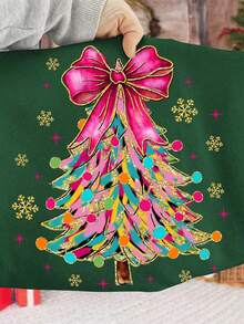 1pc Tween Girl Printed Colorful Glitter Christmas Tree & Bow Decor Crew Neck Fleece Sweatshirt, Christmas, Suitable For Autumn & Winter - Blue - View 4