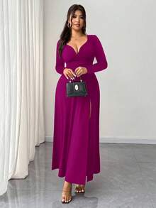 Elenzga Robe de soirée moulante élégante à manches longues et col en V pour femme grande taille, design fendu à la mode et polyvalente