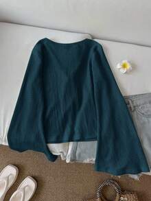 SHEIN LUNE 女士休闲纯色系带喇叭袖上衣 绿色上衣 深绿色上衣 针织衫 绿色开衫 田园风服装，休闲 - 藏蓝色 - 查看 2