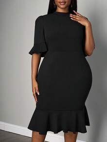 SHEIN PETITE CURVE 大码女式休闲优雅办公室职业通勤知性泡泡袖紧身中长/短袖连衣裙、毕业礼服、女士正装 - 黑色 - 查看 3