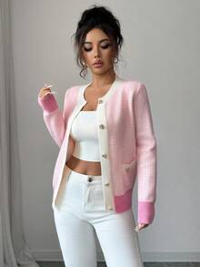 Elenzga Nouveau cardigan tricoté à manches longues, col rond, élégant, de haute qualité, polyvalent, pour soirée, en automne/hiver pour femmes