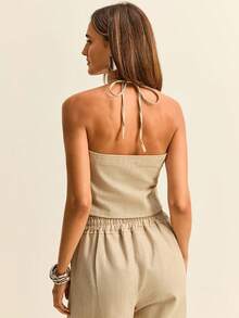 Daynim Áo denim hở lưng buộc trước họa tiết sọc - trắng - Xem 5