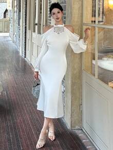 DAZY Women's Rhinestone Decor Off-Shoulder Long Sleeve Mermaid Hem Fitted Elegant Mid-Length Dress