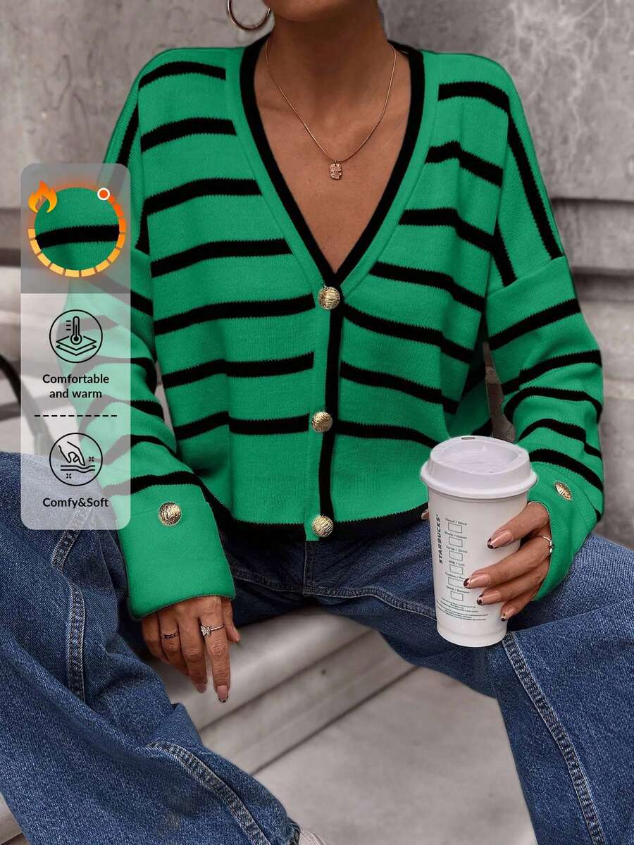 EURMUSE Cardigan de cuello redondo con detalles de botones en el bajo y mangas dobles, con franja de color contrastante - Verde - Ver 1
