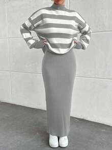 EURMUSE 2pcs Ribbed Knit Dress Set