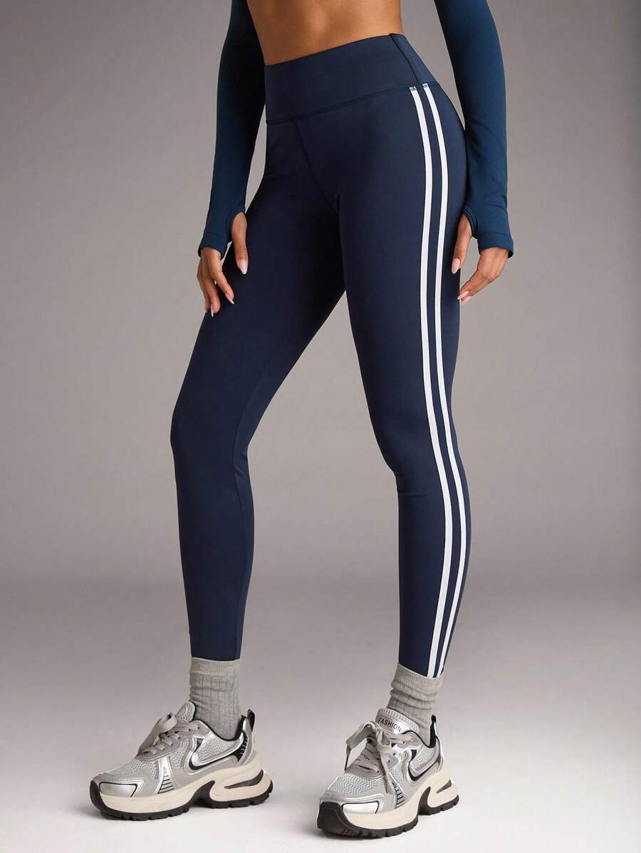 SHEIN BAE Side Stripe Tummy Control Sports Leggings - Navy Blue - View 1