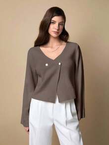 EURMUSE Women's Petite Solid Color V-Neck Front Button Drop Shoulder Cardigan - Brown - View 3