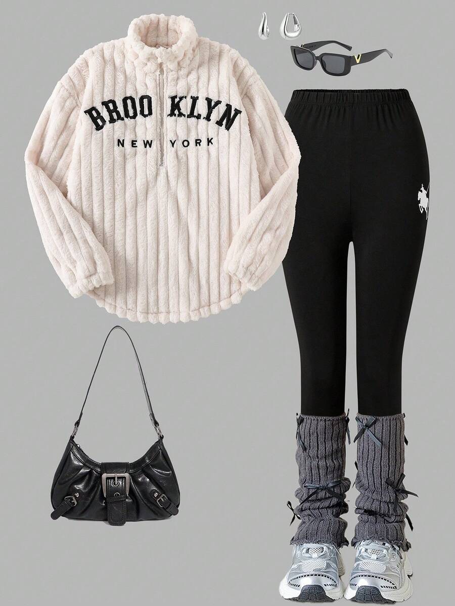 Casual Fashion Ribbed Cropped Fuzzy Zip-Up Hoodie Top With Elastic Waist Skinny Knit Pants, Embroidered Graphic Front, Classic Versatile Fit, Comfortable For Autumn/Winter Daily, Commuting, Outing, Party, Photography, Shopping - Multicolor - View 1