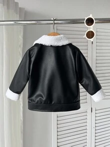 SHEIN Chaqueta de motocicleta con cremallera y cuello de color block para bebé niño, otoño/invierno - Blanco y Negro - Ver 2