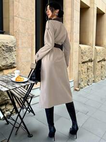 Firerie Women's Elegant Khaki Long Trench Coat,Colorblock PU Collar Fashionable Autumn Winter Clothes For Office,Casual Intellectual Outing Wear Trench Coat - Khaki - View 5