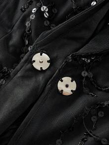 SHEIN BAE Chaqueta de blazer ajustada con perlas negras y flecos para mujer de talla grande, para fiesta de Halloween, otoño/invierno - Negro - Ver 5