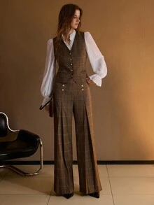 MOTF PREMIUM 格纹印花金色纽扣细节褶皱阔腿西装裤 - 棕色 - 查看 7