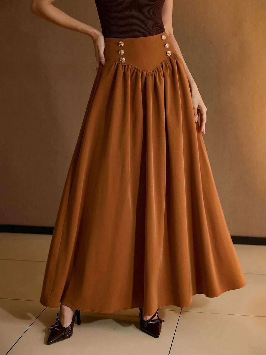 MOTF PREMIUM WOMEN'S METAL BUCKLE A-LINE SKIRT - Brown - View 1