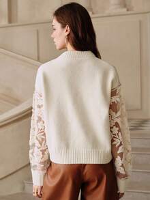 Savoree Women Autumn Sexy Flower Jacquard Sheer Mesh Panel Sweater,Long Sleeve Tops