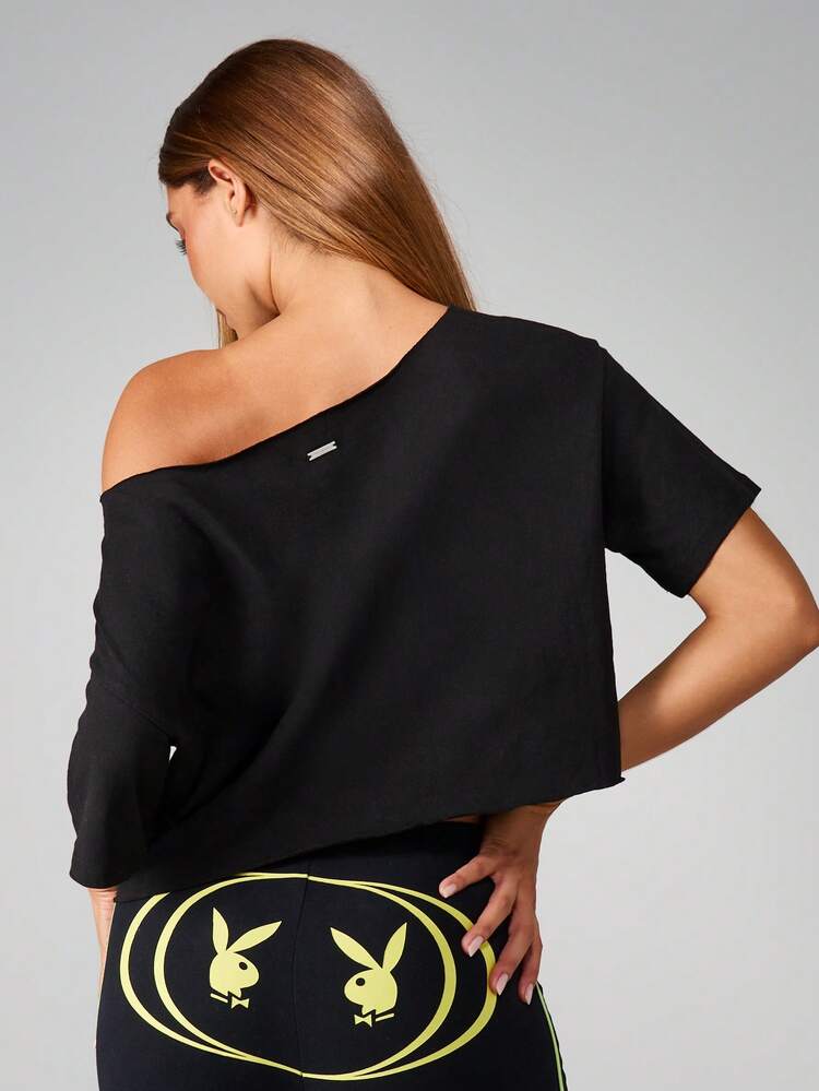 Missguided x Playboy Casual Asymmetrical Shoulder Graphic Print Crop Top Short Sleeve Cotton Blend Street Style Party Wear Festival T-Shirt Vintage Racing Speed Star